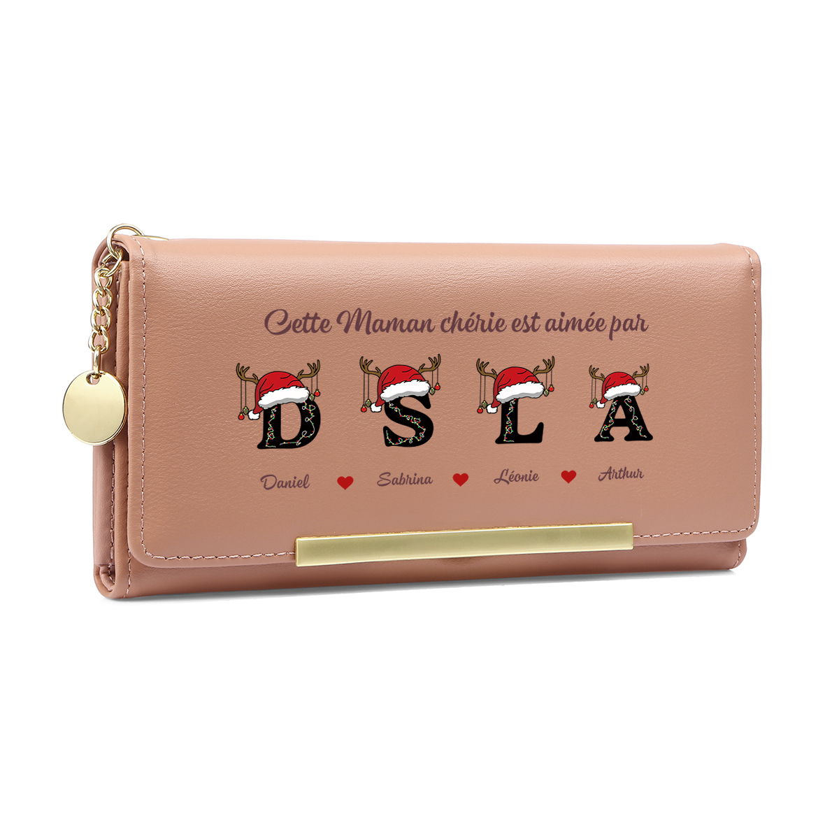 Portefeuille long Personnalisé avec Initiales de Noël et Prénoms pour Maman/Mamie