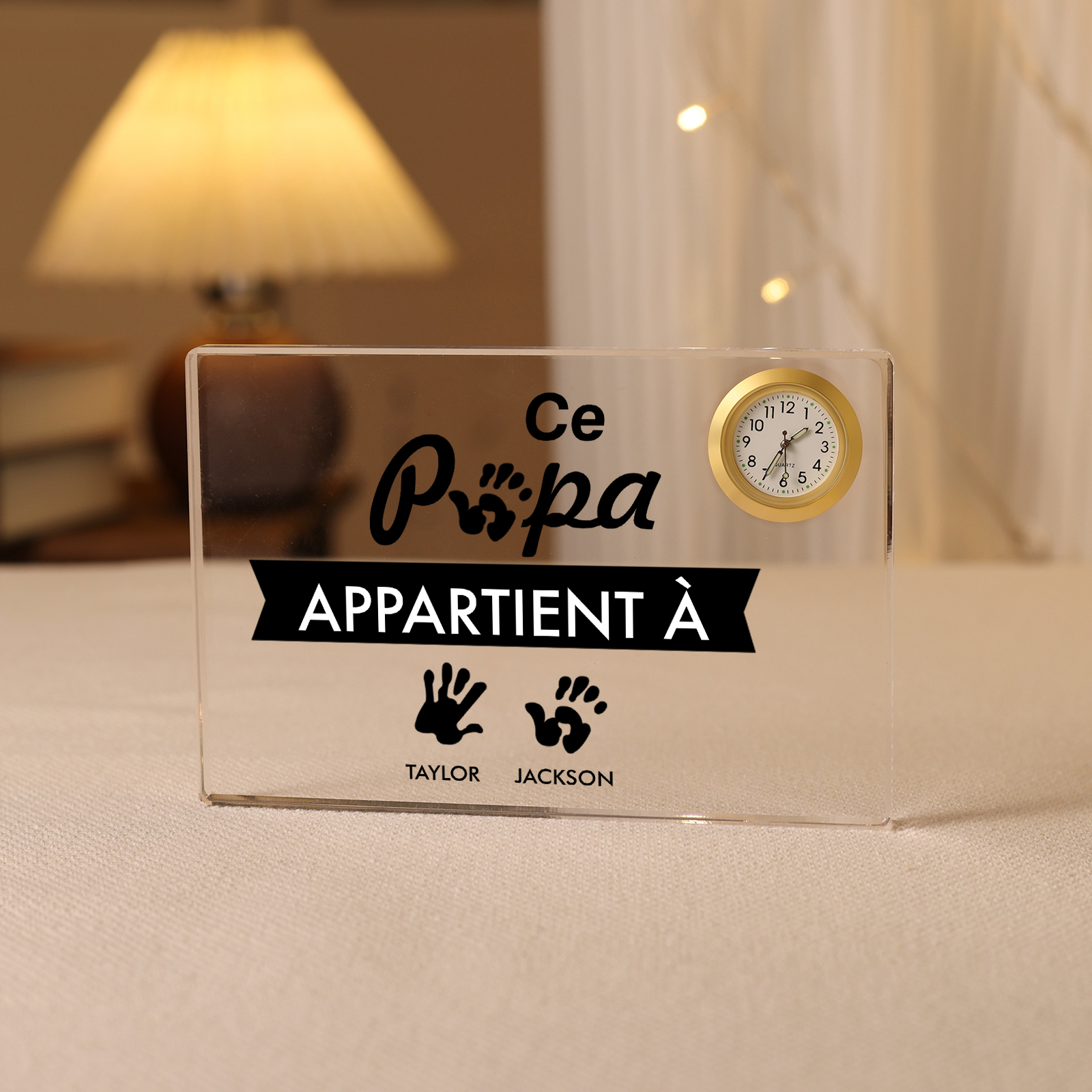 À mon papa - Plaque Acrylique rectangle avec Horloge Empreinte De Main 2 Prénoms Personnalisés