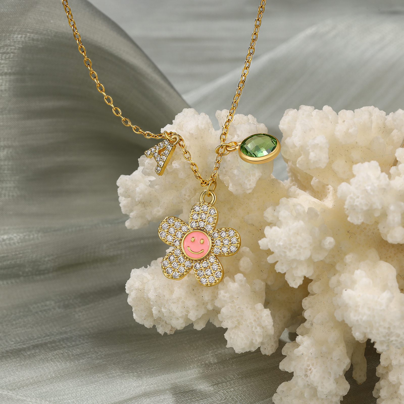 Collier Enfants Bébé Collier Fleur 1 Pierre de Naissance et 1 Lettre pour Fille Filleule