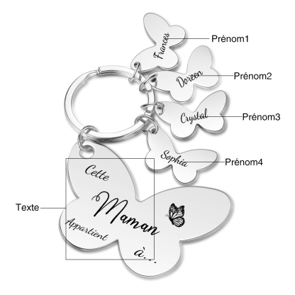 À Maman/Mamie - Porte-Clés Papillon 4 Prénoms Personnalisés avec Texte 