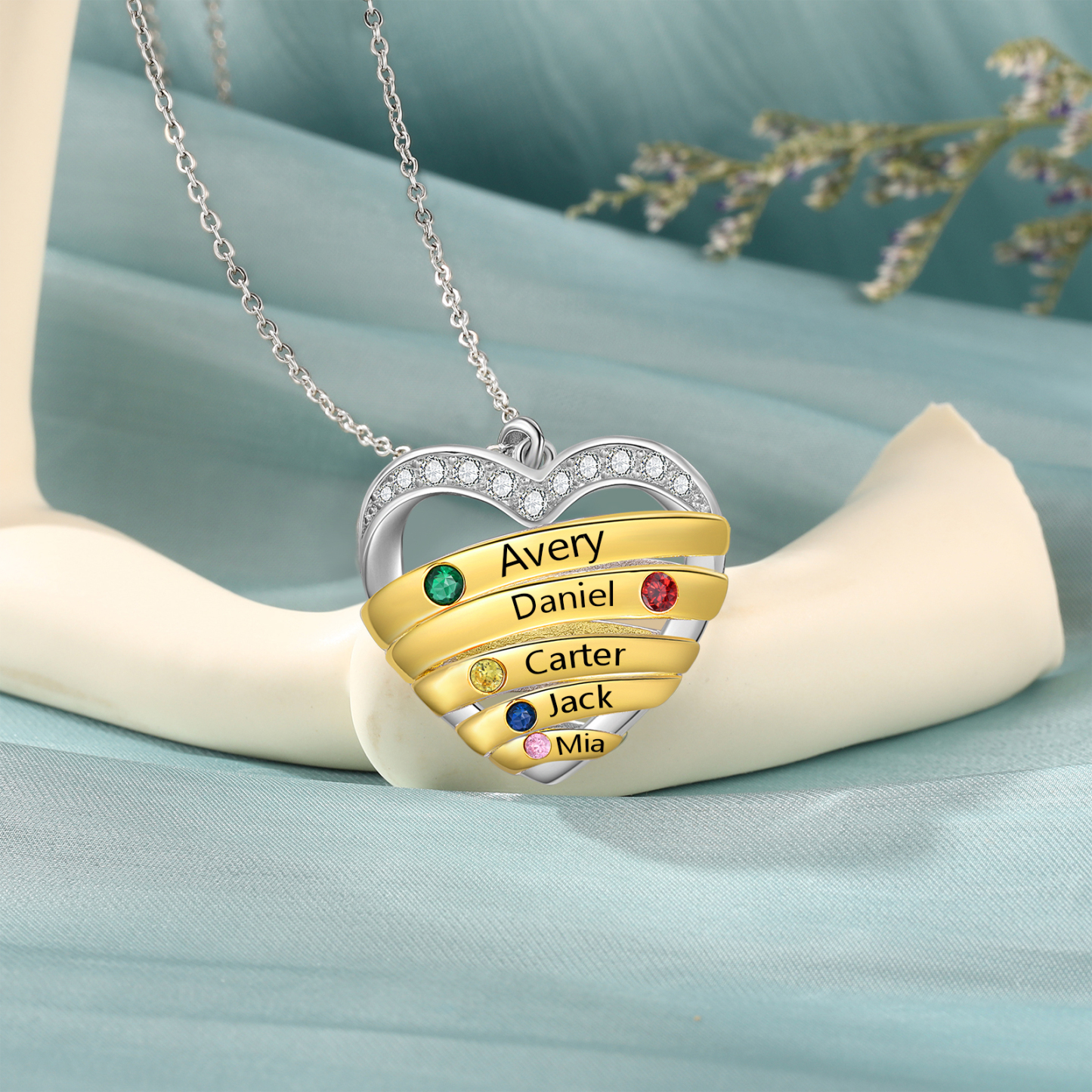 Collier Pendentif Cœur 5 Prénoms Personnalisés avec Pierre de Naissance Collier Femmes