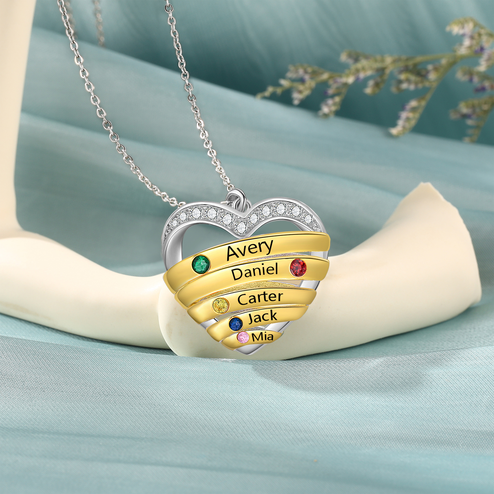 Collier Pendentif Cœur 5 Prénoms Personnalisés avec Pierre de Naissance Collier Femmes