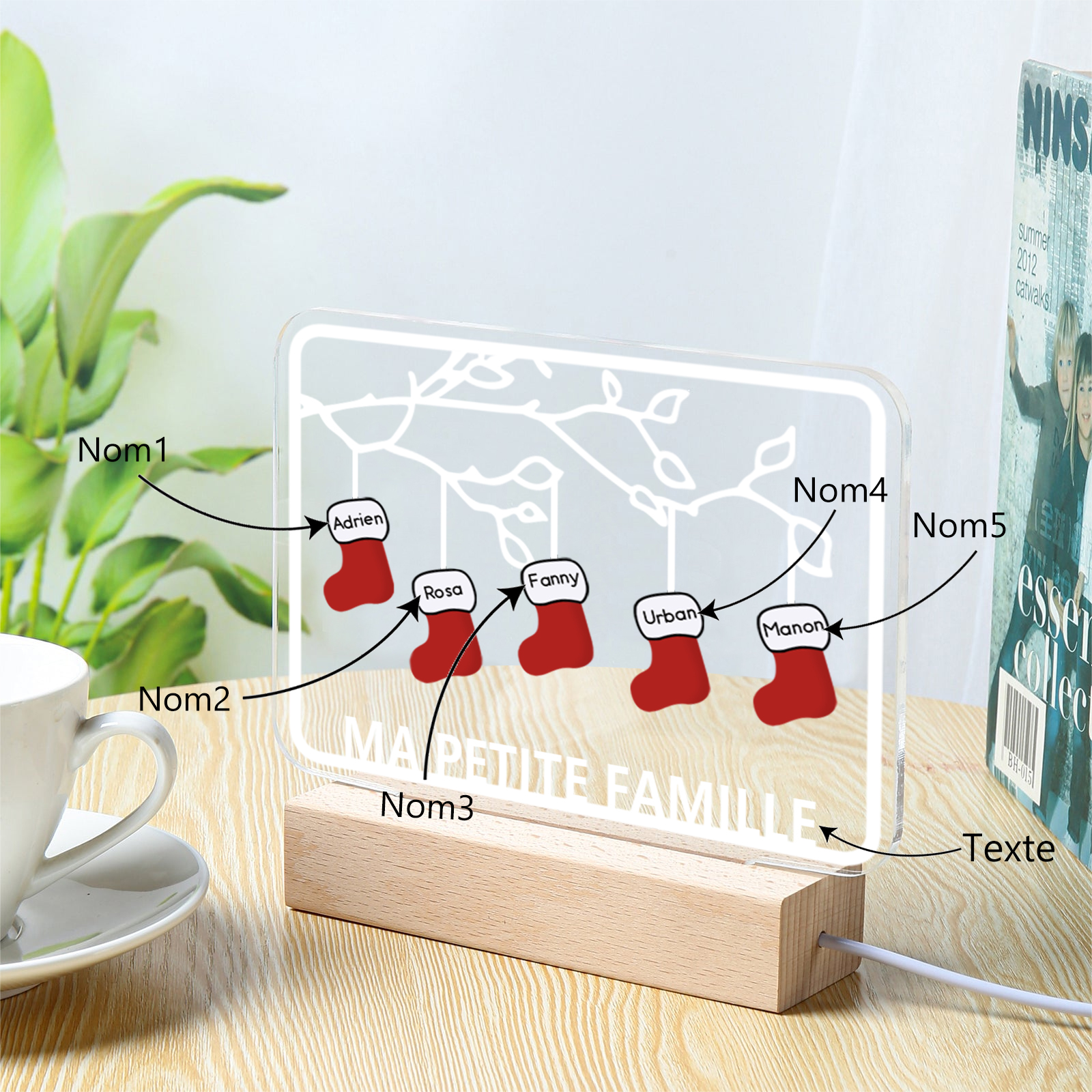 2-8 Noms Lampe de chevet Noël Chaussettes LED Lumières personnalisé avec Texte | Jessemade