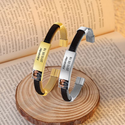 Bracelet Photo Personnalisé Bracelets Gourmette Gravure Prénom avec Date Argent/Or｜Jessemade