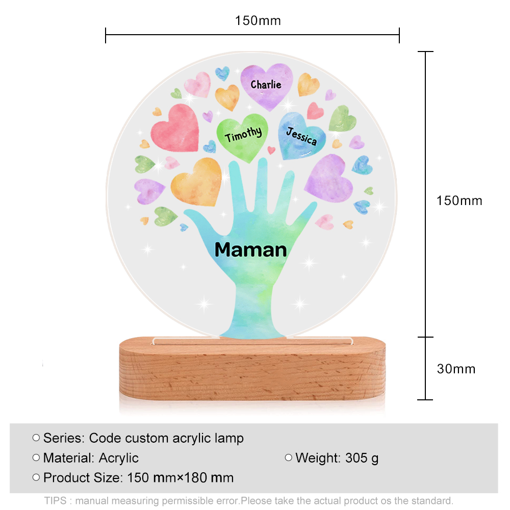 À Maman/Mamie - Lampe de chevet LED Lumières Cœur 3 Prénoms Personnalisés avec 1 Texte pour Famille