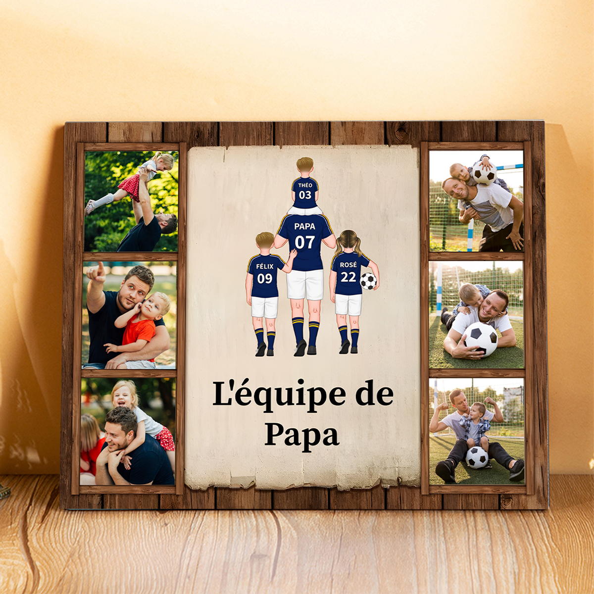 À Mon Papi/Papa-Cadre en Bois l'équipe de Football de Papa 2-9 Prénoms Personnalisés avec Texte et 6 Photos | Jessemade