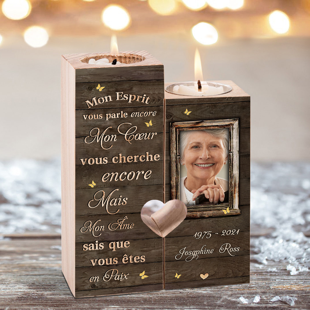 Bougeoir en Bois Commémoratif 1 Prénom et Photo Personnalisé avec Date sans bougie