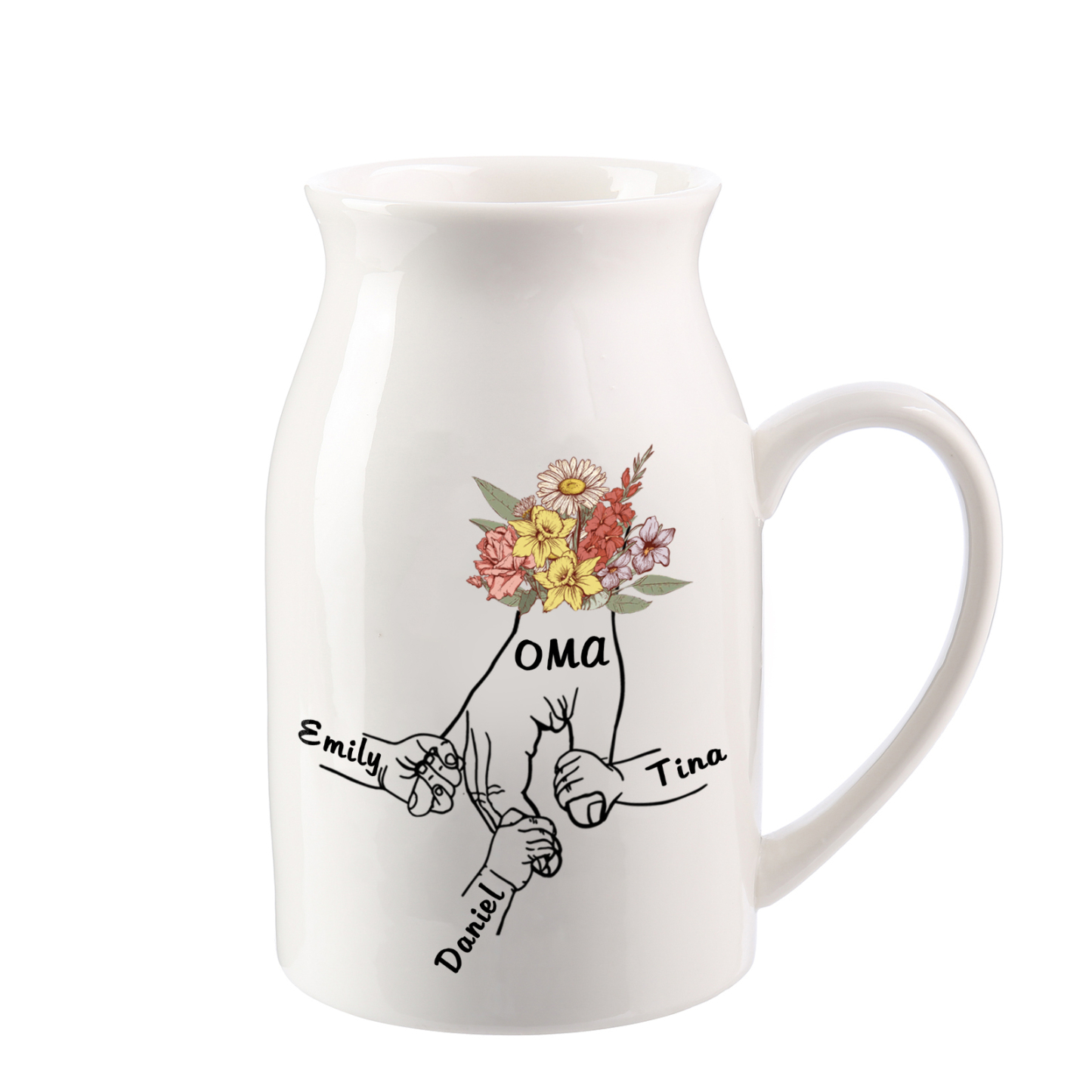 Vase à Fleurs la main dans la main 3 Prénoms Personnalisés avec Texte Décoration de la Maison