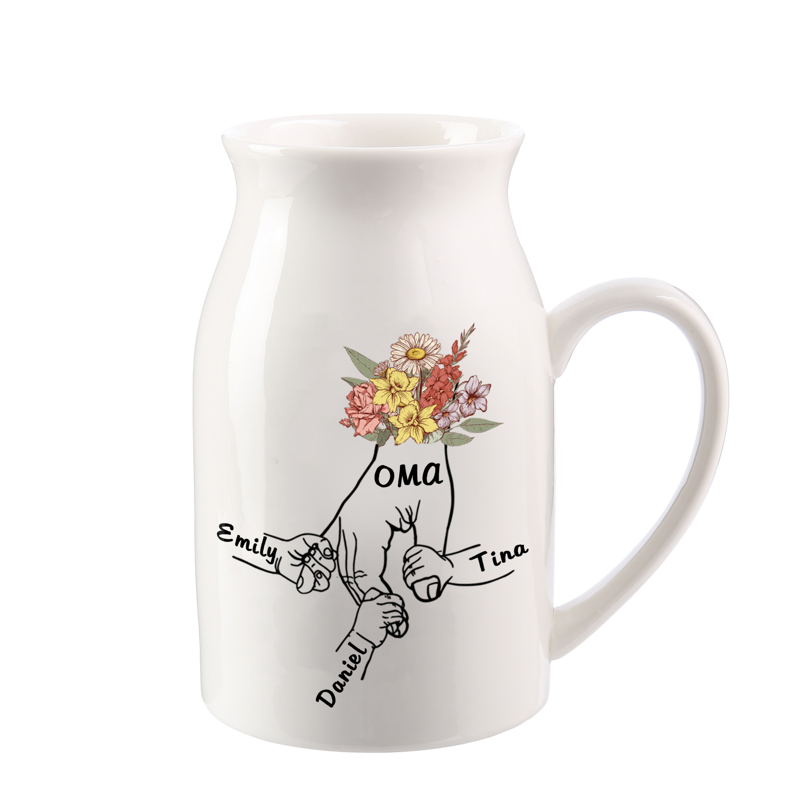 Vase à Fleurs la main dans la main 3 Prénoms Personnalisés avec Texte Décoration de la Maison