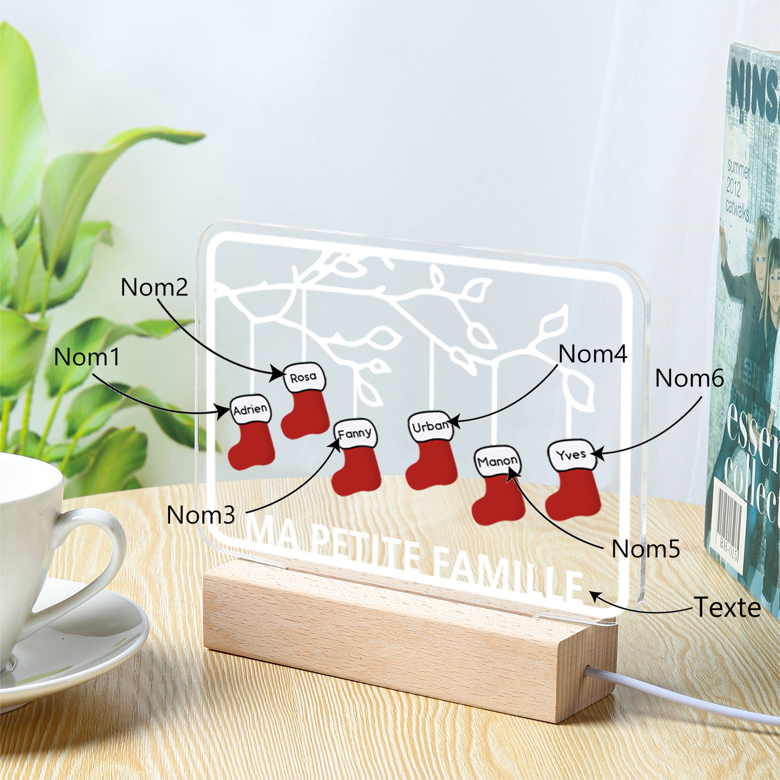 2-8 Noms Lampe de chevet Noël Chaussettes LED Lumières personnalisé avec Texte | Jessemade