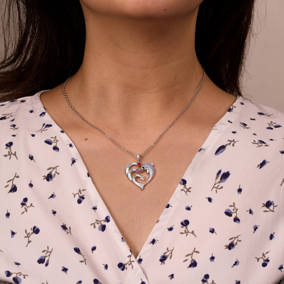 Collier coeur et dauphin 2 Prénoms Personnalisés avec 2 Pierre de Naissance