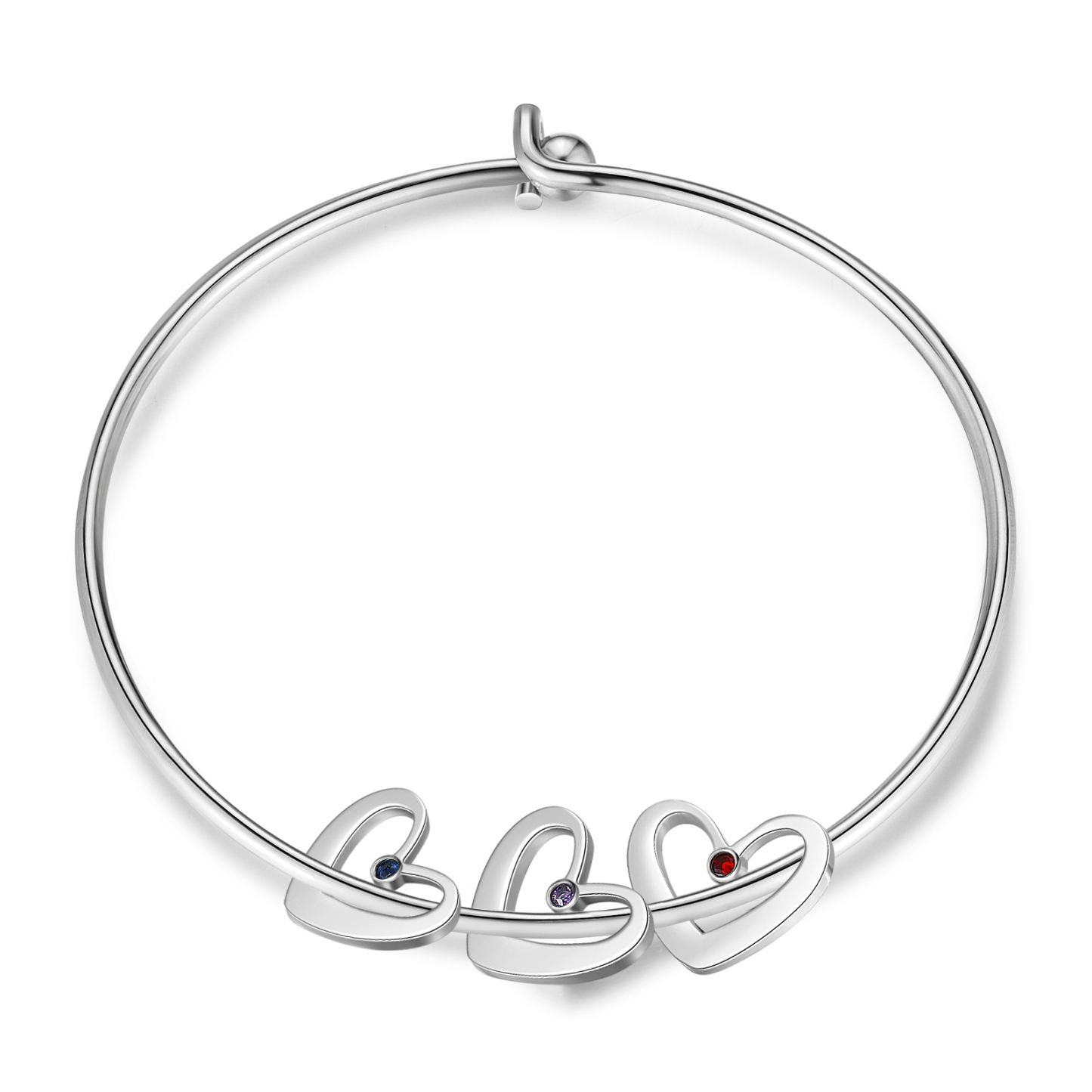 Bracelet jonc 3 prénom Pendentifs Personnalisé Coeur avec 3 Pierre de Naissance