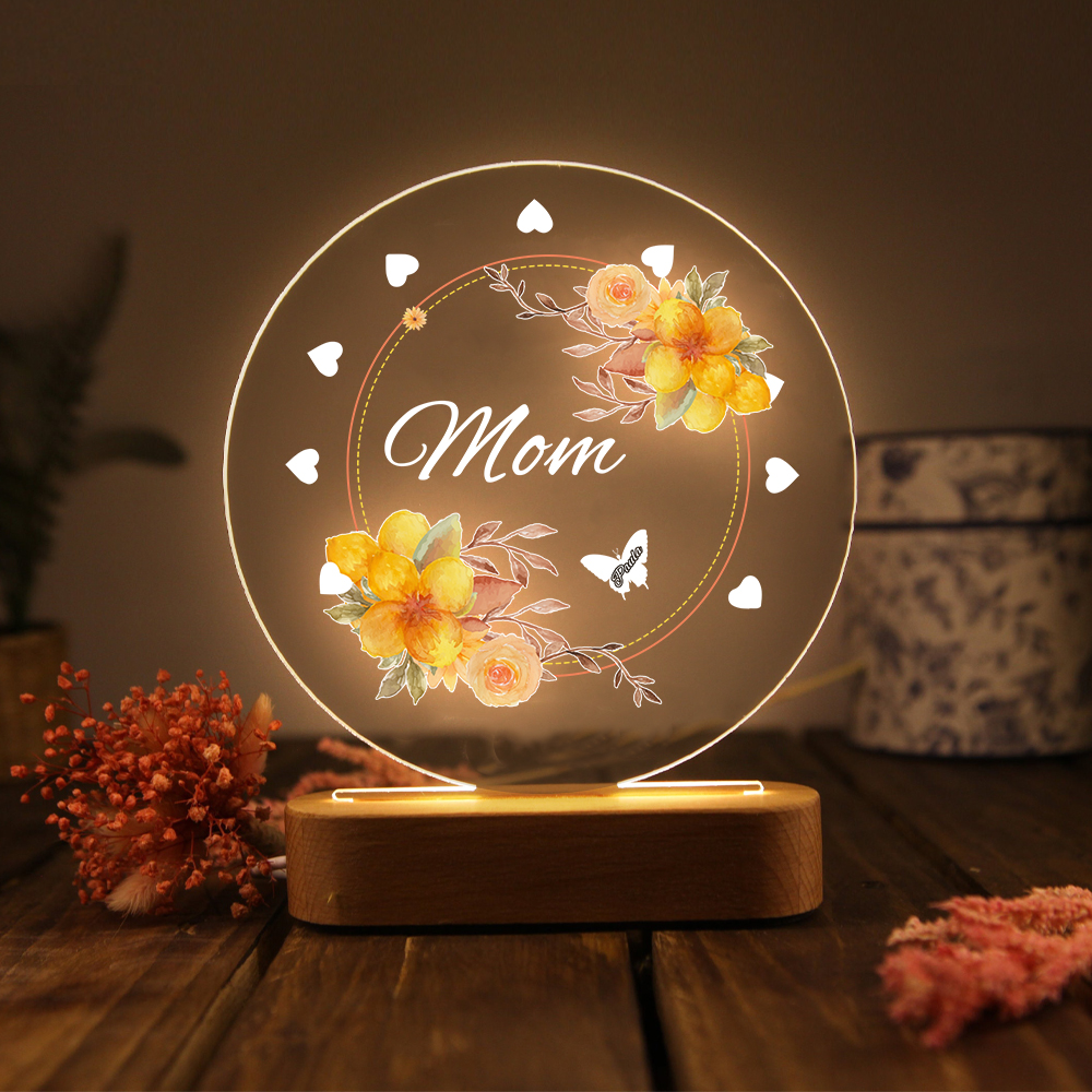 À Maman/Mamie - Lampe de chevet LED Fleurs et Papillons 1 Prénom Personnalisé avec 1 Texte