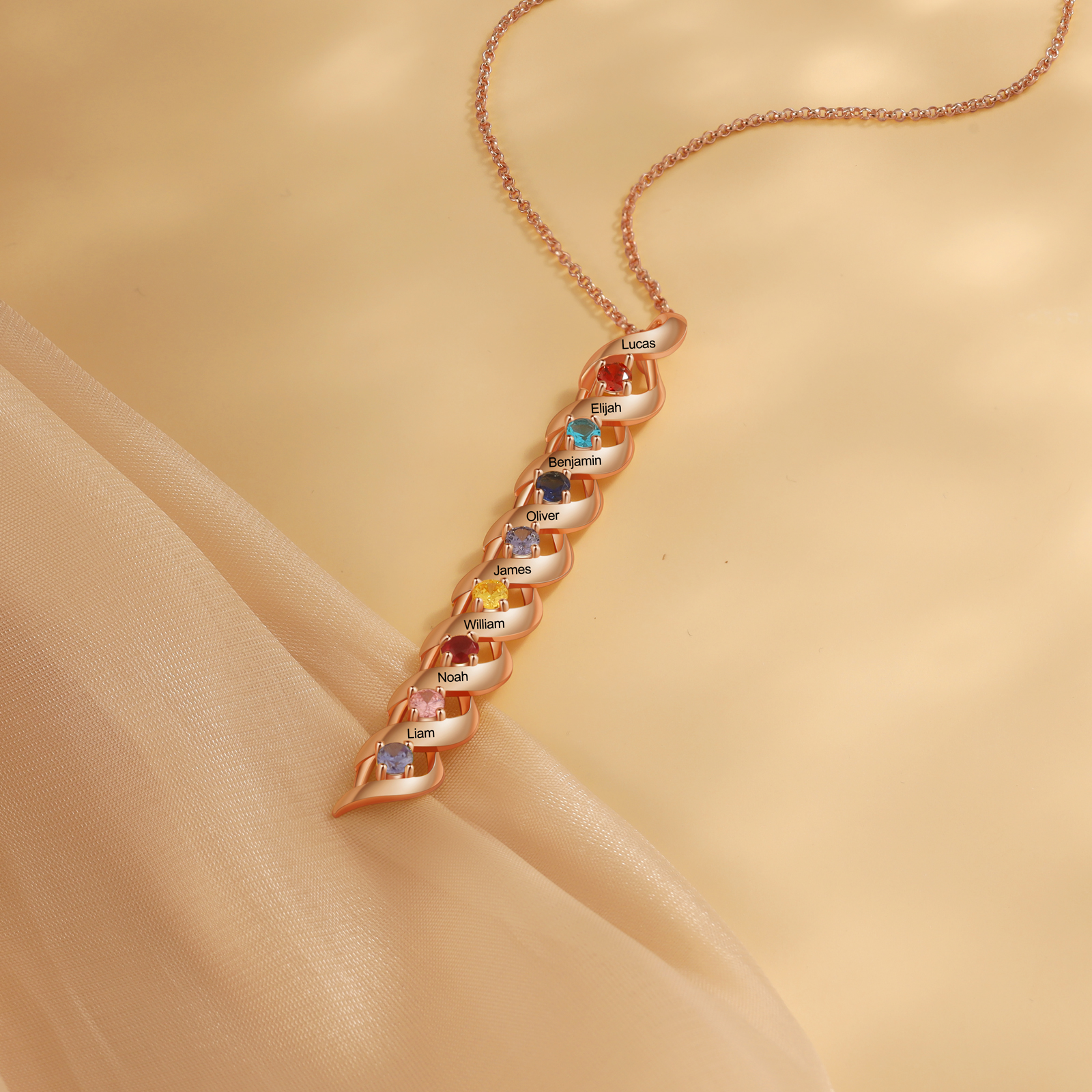 Collier Femme 8 Prénoms Personnalisés avec 8 Pierres de naissance