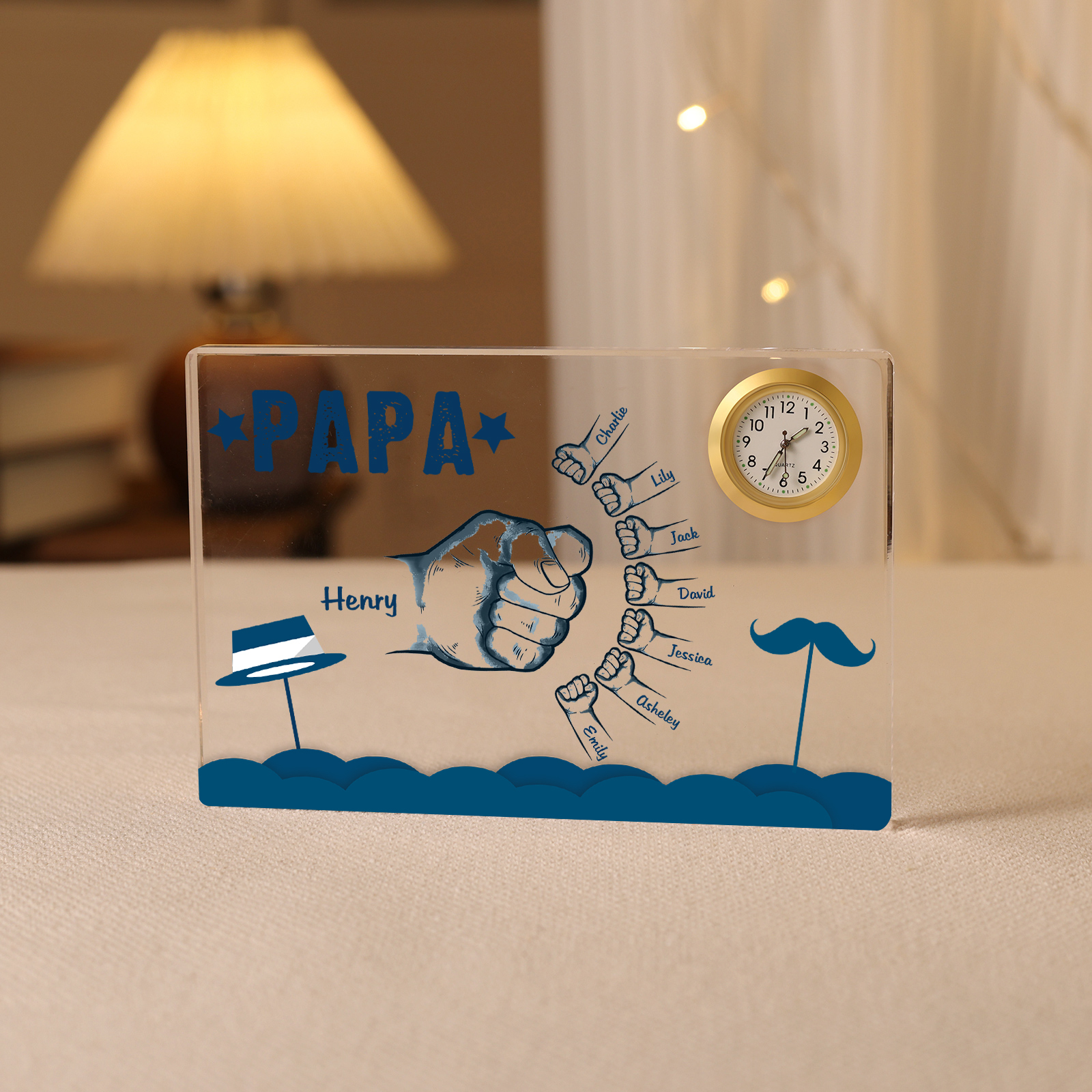 À Papa/Papi - Plaque Acrylique Poings Rectangle avec Horloge 8 Prénoms et 1 Texte Personnalisés