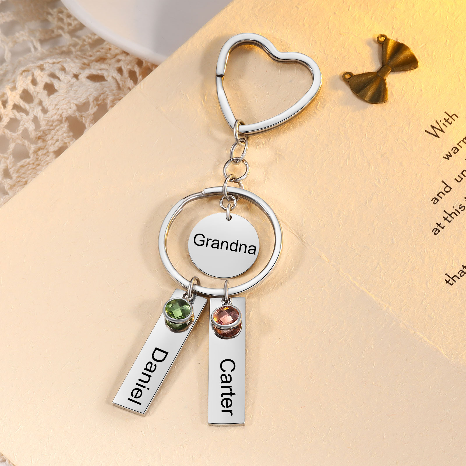 Porte-Clés 2 Prénoms et 1 Texte Personnalisés avec Pierres de Naissance