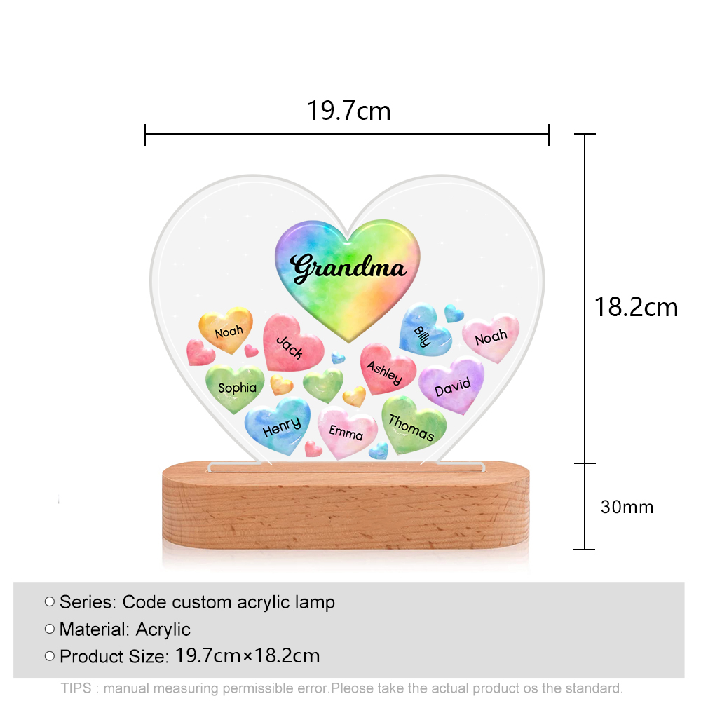 À Maman/Mamie - Lampe de chevet LED Cœurs 10 Prénoms Personnalisés avec 1 Texte
