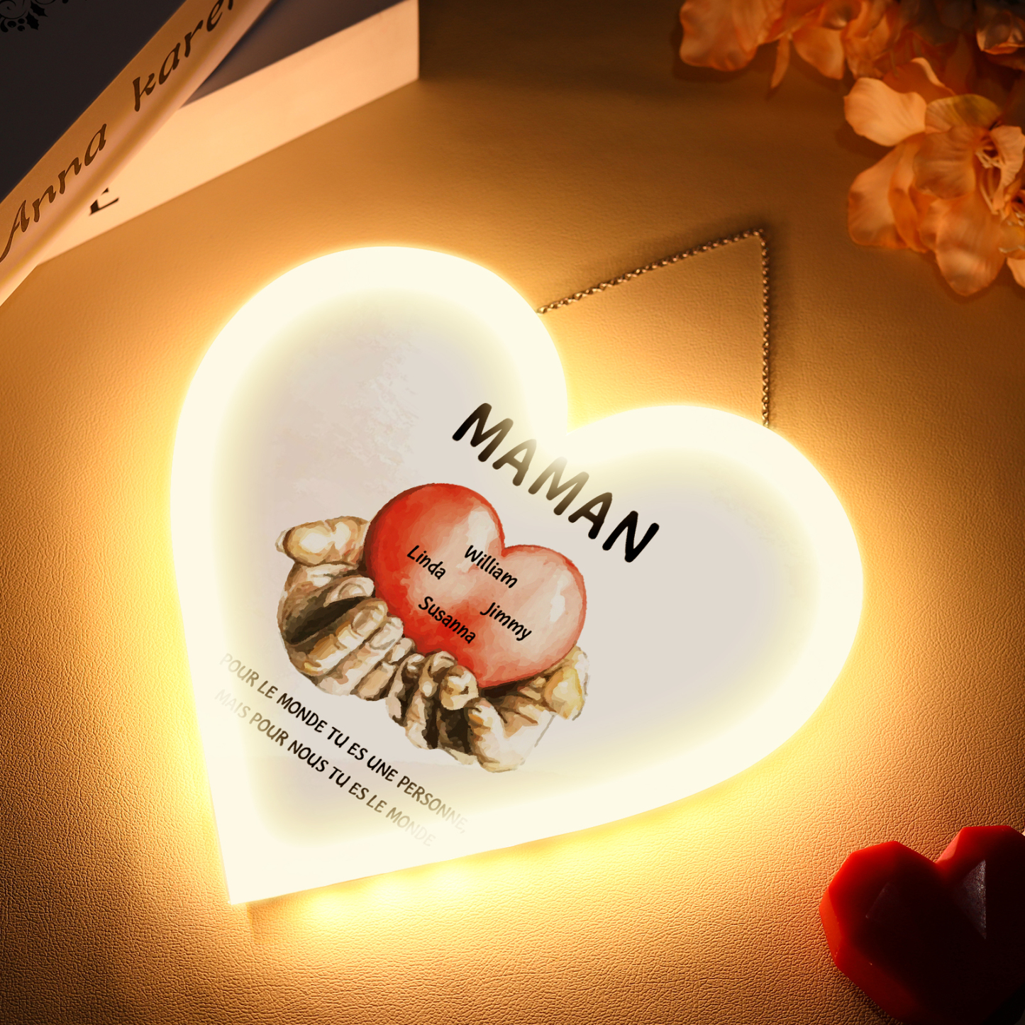À Maman/Mamie - Veilleuse Cœur Décoration Mains et Cœur 4 Prénoms Personnalisés avec 2 Textes