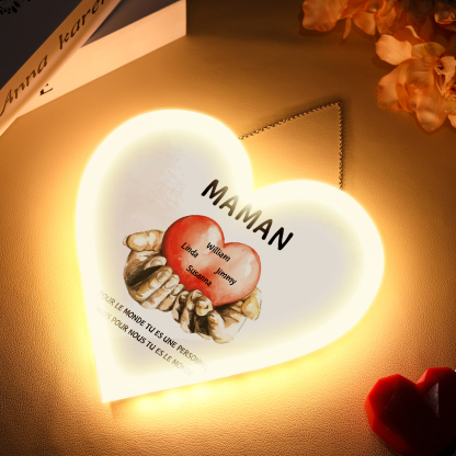 À Maman/Mamie - Veilleuse Cœur Décoration Mains et Cœur 4 Prénoms Personnalisés avec 2 Textes