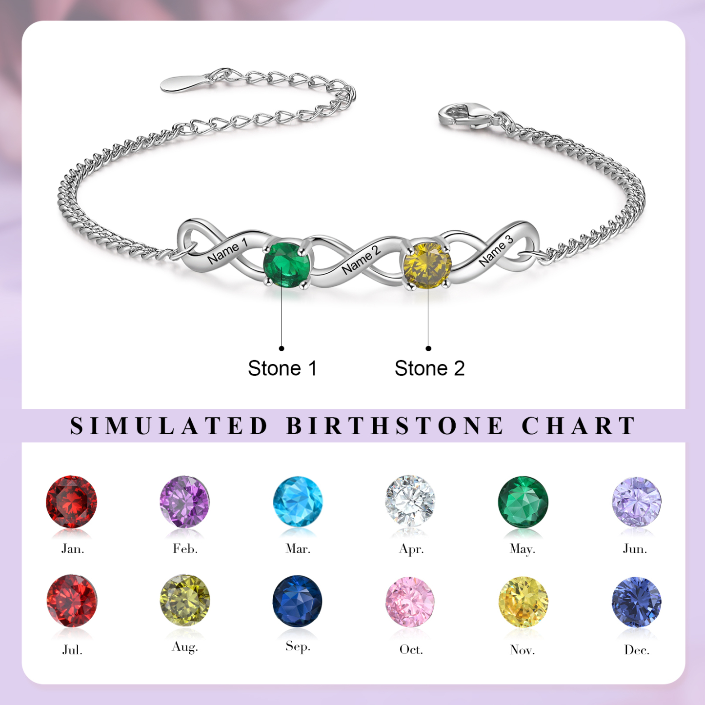 Bracelet Infini 3 Prénoms Personnalisés avec 2 Pierres de Naissance pour Femme