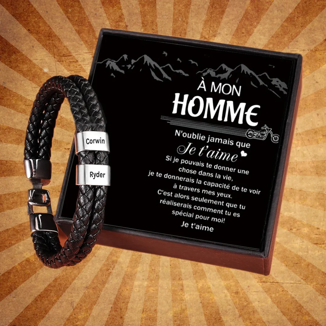 À mon homme - Bracelet en cuir tressé à perles personnalisé pour petit-ami / mari avec deux prénoms gravés