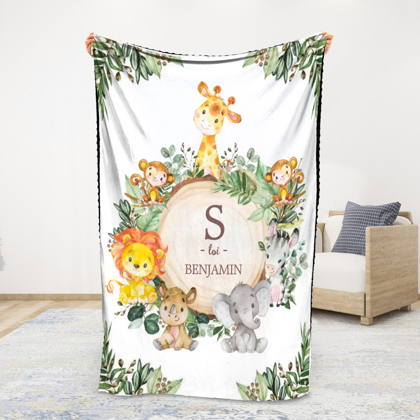 Jessemade FR Couverture plaids polaire le monde animal 1 Prénom Personnalisé avec 1 lettre pour enfant