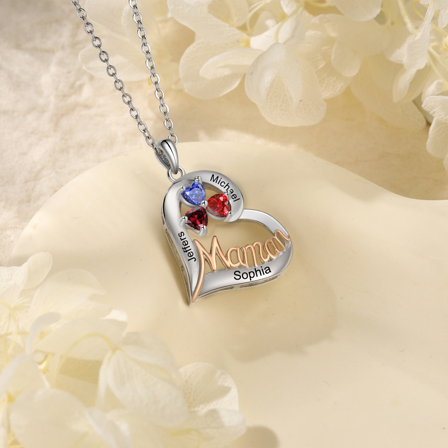 3PCS Coffret Cadeau - Portefeuille, Collier Coeur et Carte Personnalisés avec 3 Prénoms et Dessins Enfant et Pierres de Naissance | Jessemade