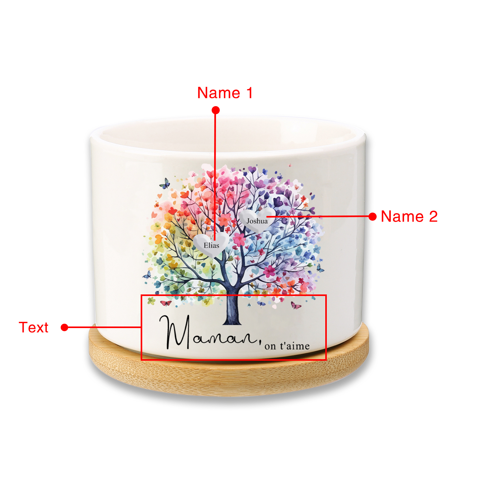 Vase/Pot de Fleurs Arbre 2 Prénoms Personnalisés avec Texte Décoration de la Maison (sans plantes)