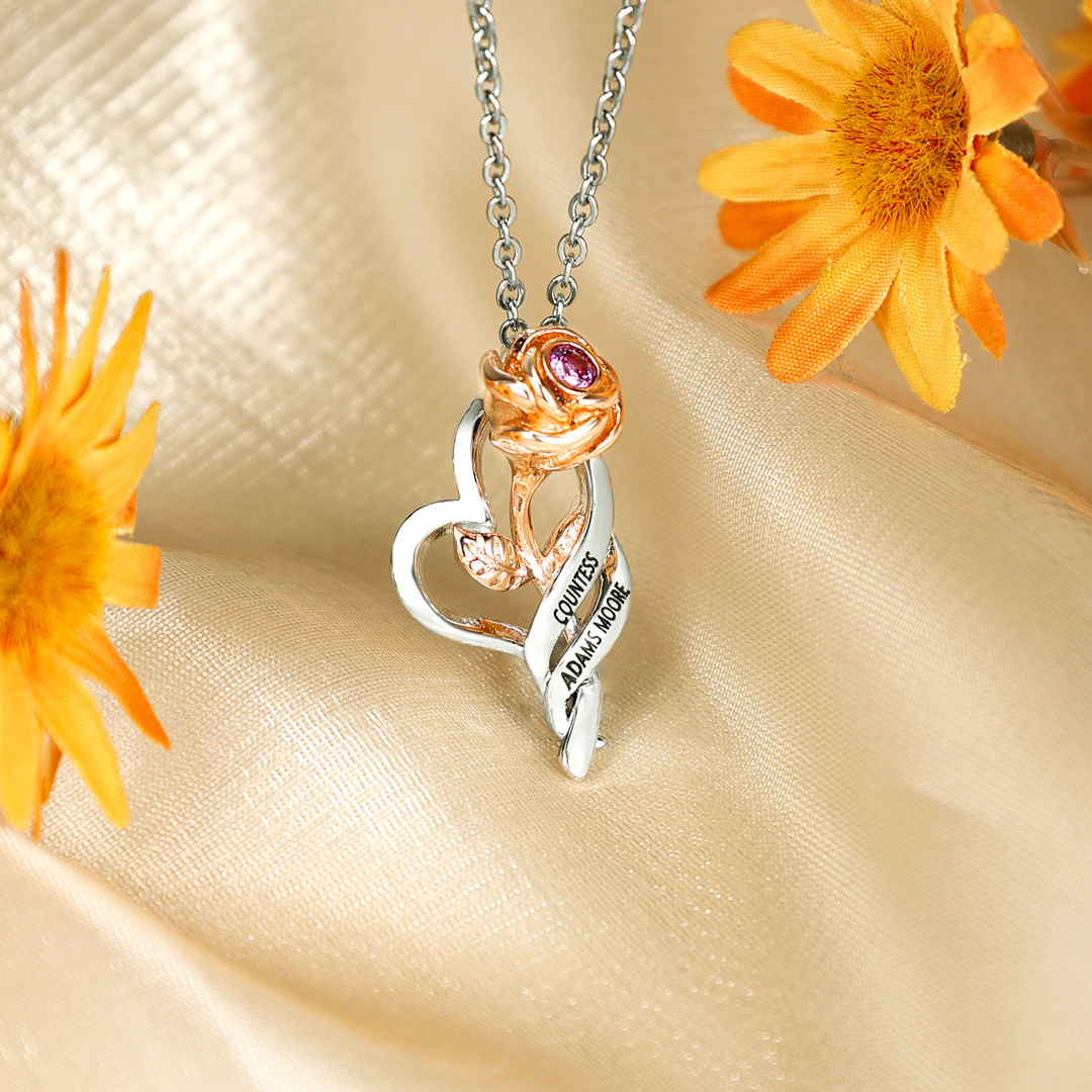 Collier rose 2 Prénom Personnalisé avec pierre de naissance