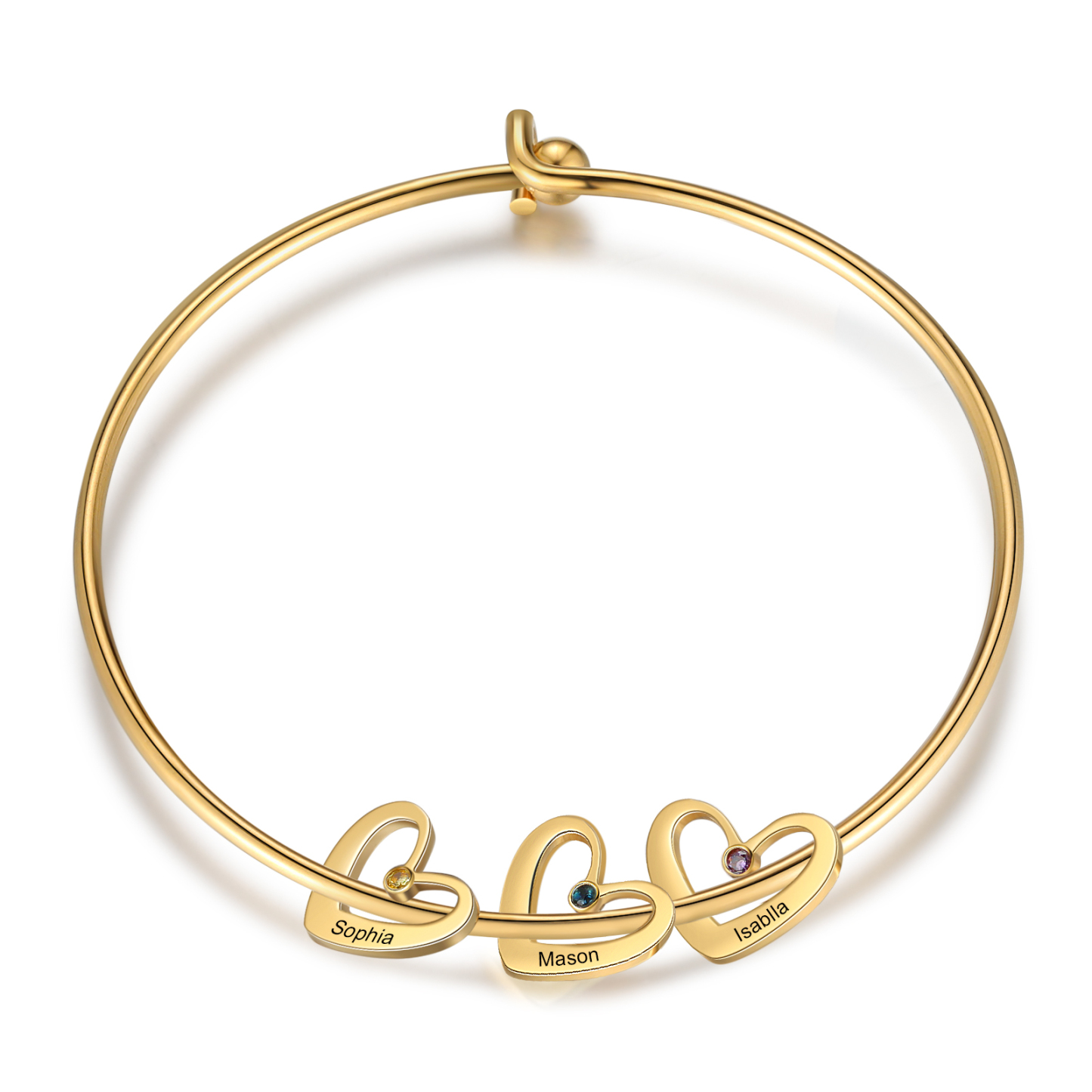 Bracelet jonc 3 prénom Pendentifs Personnalisé Coeur avec 3 Pierre de Naissance