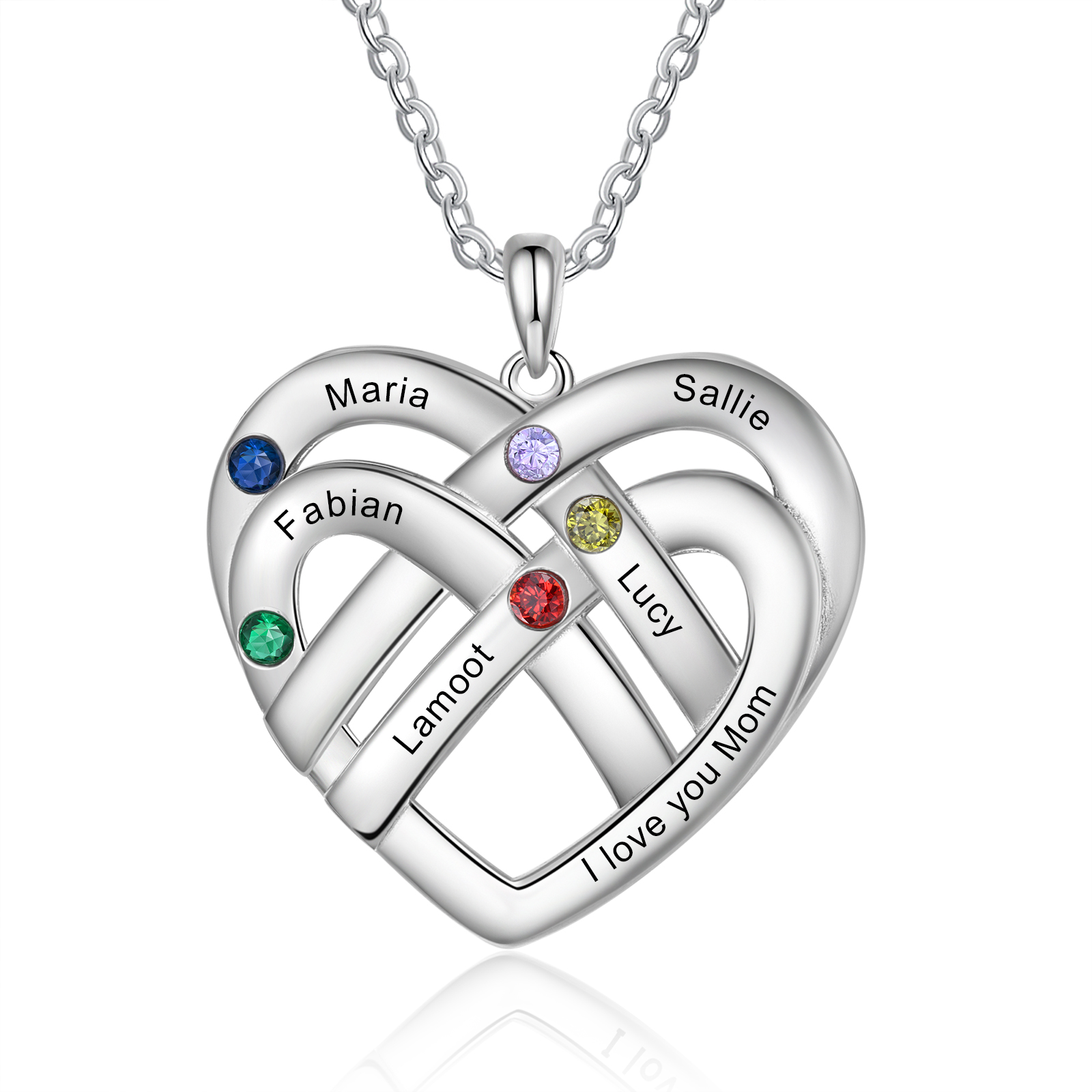 Collier Pendentif Cœur 5 Prénoms et 1 Texte Personnalisés avec 5 Pierres de Naissance Collier Femmes