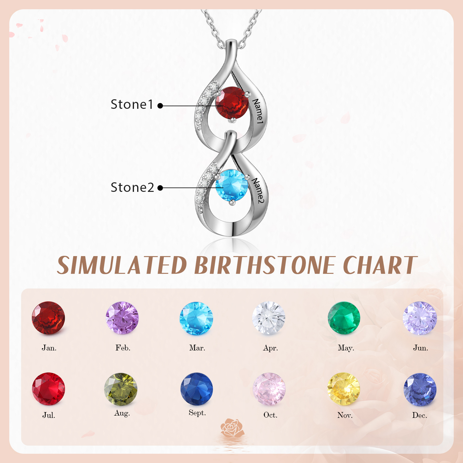 Collier Pendentif Goutte d'eau 2 Prénoms Personnalisés avec Pierres de naissance