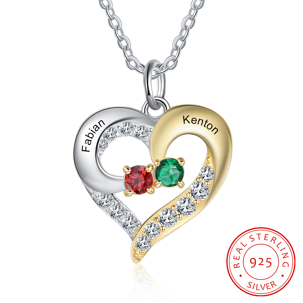 Collier Prénom cœur Argent 925 2 Prénom 2 pierre de naissance