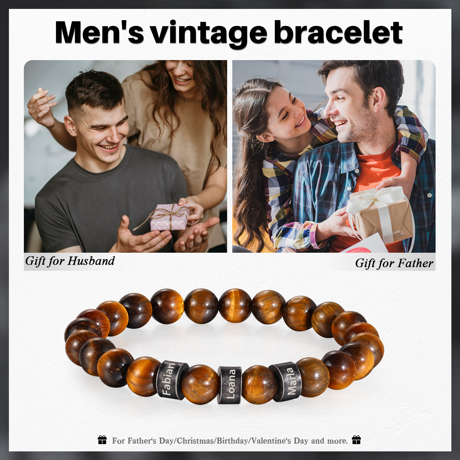 Bracelet d'Oeil de Tigre avec 3 Prénoms Personnalisés pour Homme