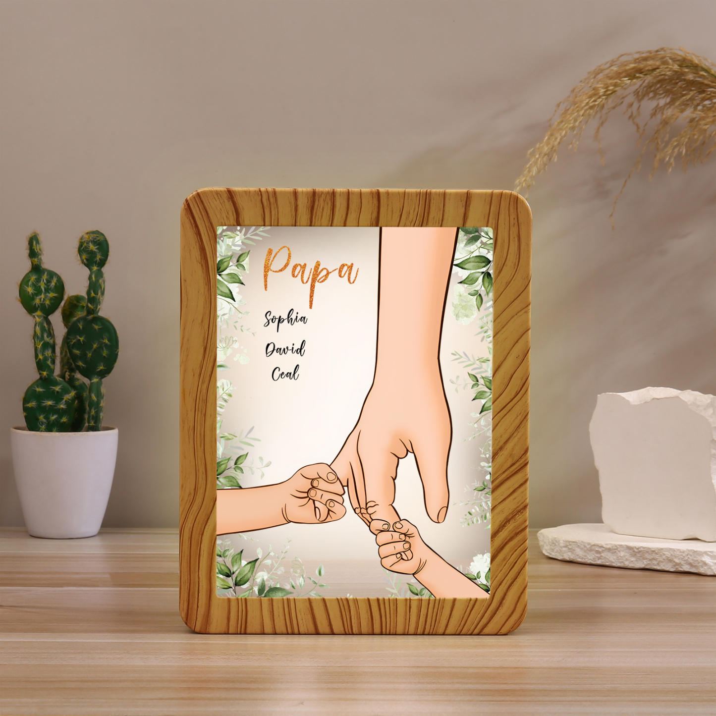 Lampe LED/Cadre Photo/Miroir multifonctionnel la main dans la main 3 Prénoms et 1 Tetxe Personnalisés Cadeau Créatif pour Famille