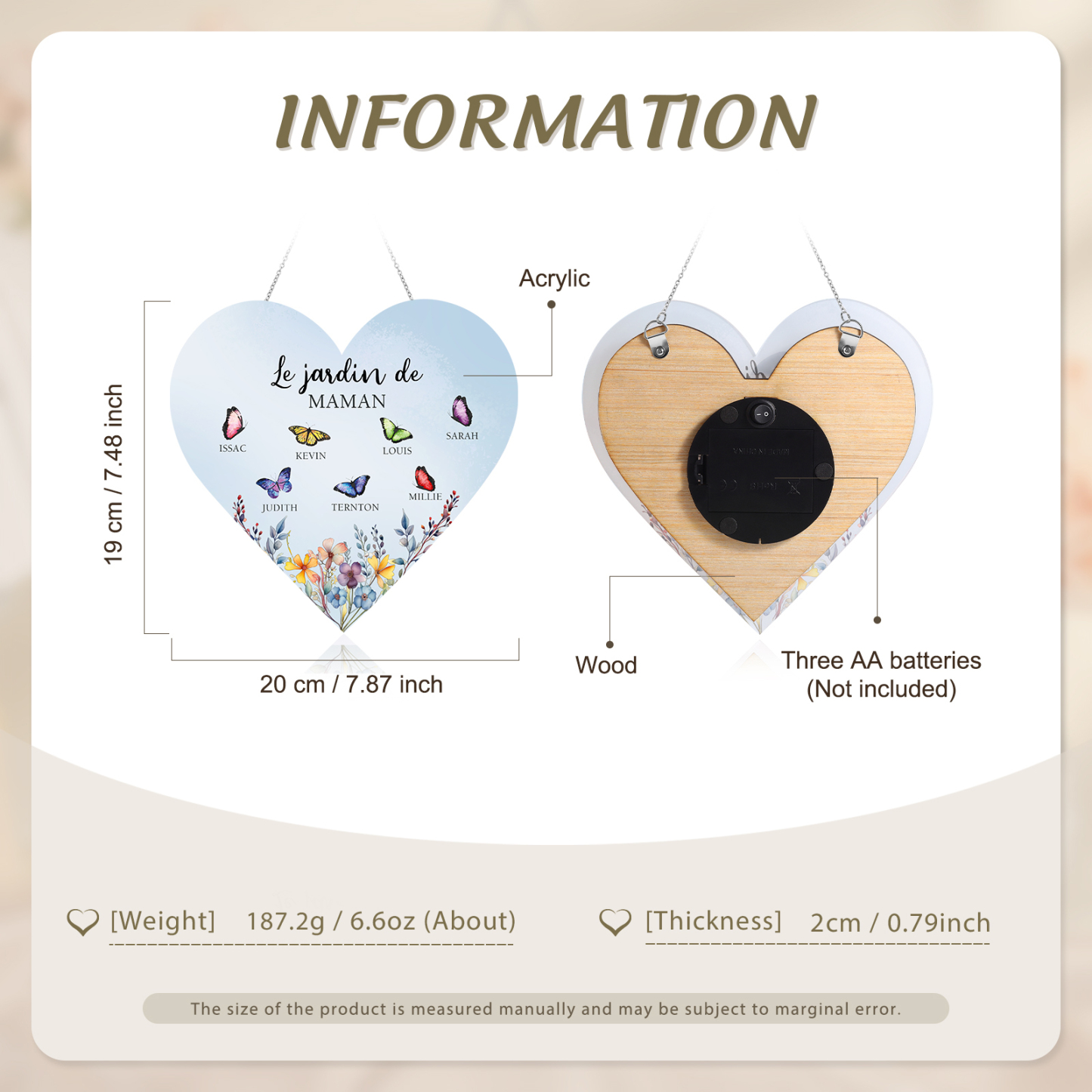 À Maman/Mamie - Veilleuse Cœur Décoration Fleur et Papillon 7 Prénoms Personnalisés avec 1 Texte