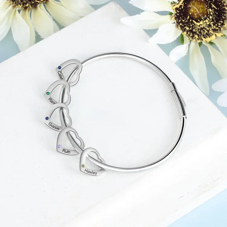 Bracelet Jonc Bracelet Coeur 5 Prénoms Personnalisés avec 5 Pierres de Naissance Argent Or | Jessemade