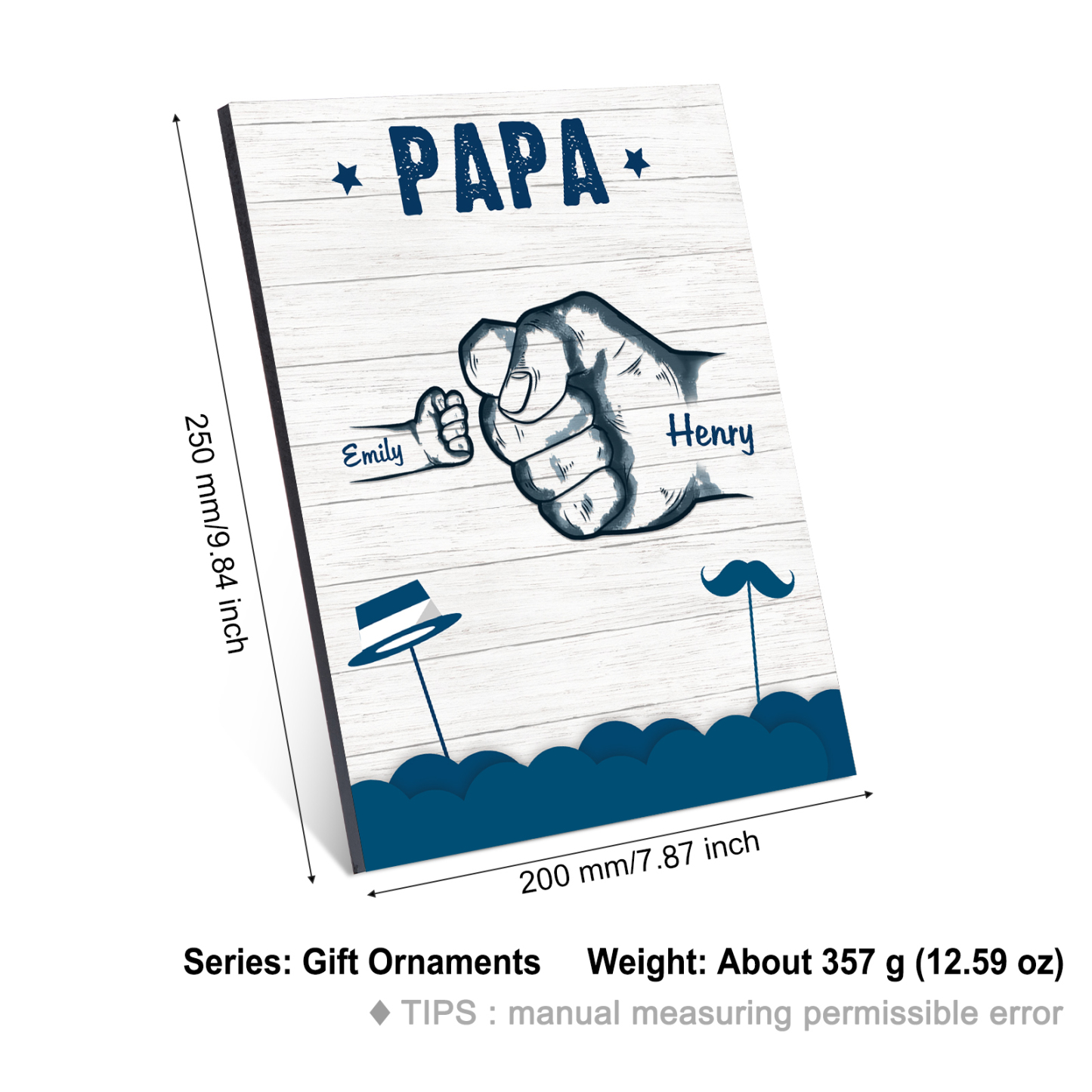 À Mon Papa/Papi-Cadre en Bois Poings 2 Prénoms Personnalisés avec Texte