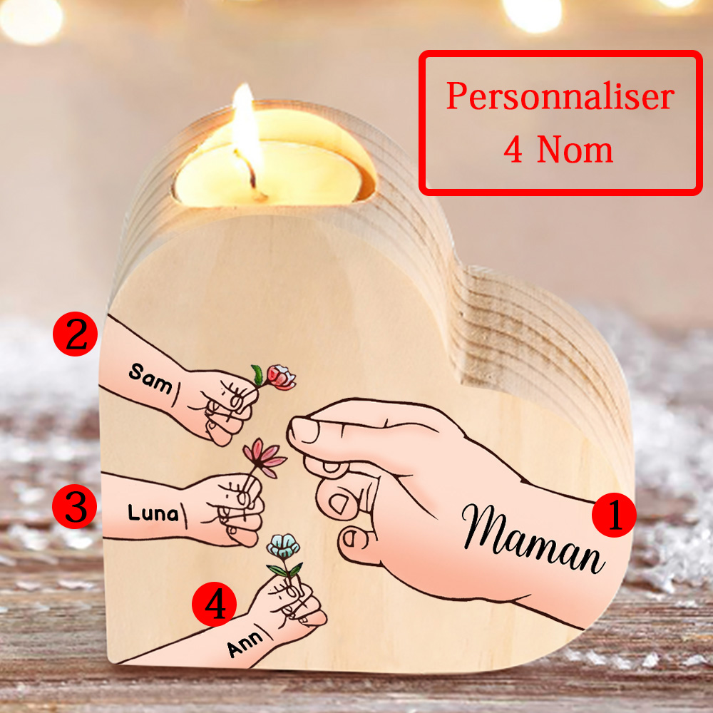 À Ma Maman/Mamie - Bougeoir en Bois Mains et Enfants 4 Prénoms Personnalisés pour Famille sans bougie