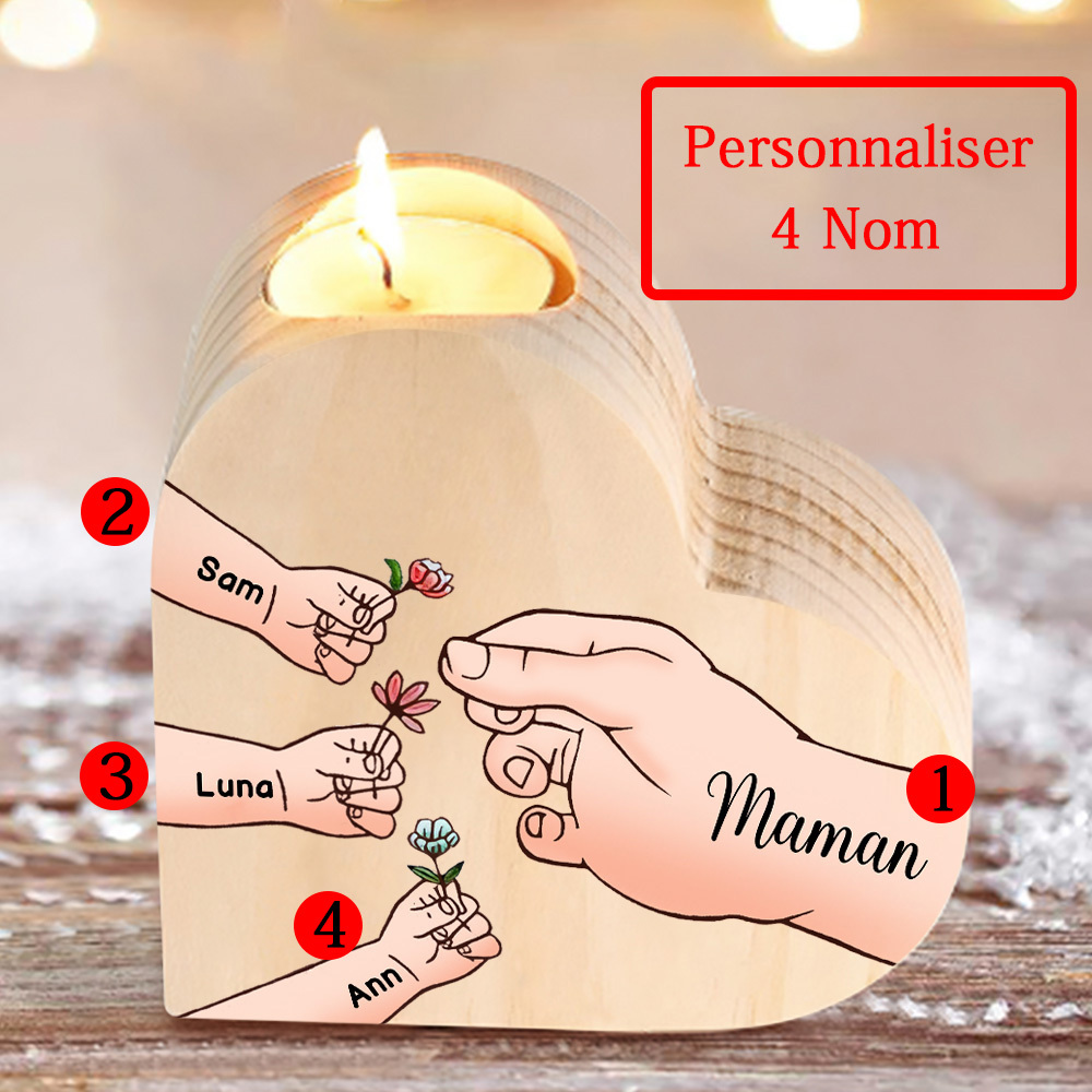 À Ma Maman/Mamie - Bougeoir en Bois Mains et Enfants 4 Prénoms Personnalisés pour Famille sans bougie