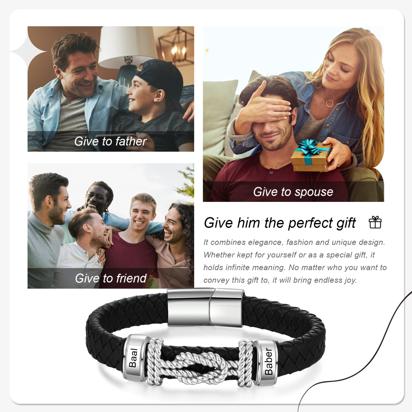 À mon Homme - Bracelet en Cuir 2 Prénoms Personnalisé