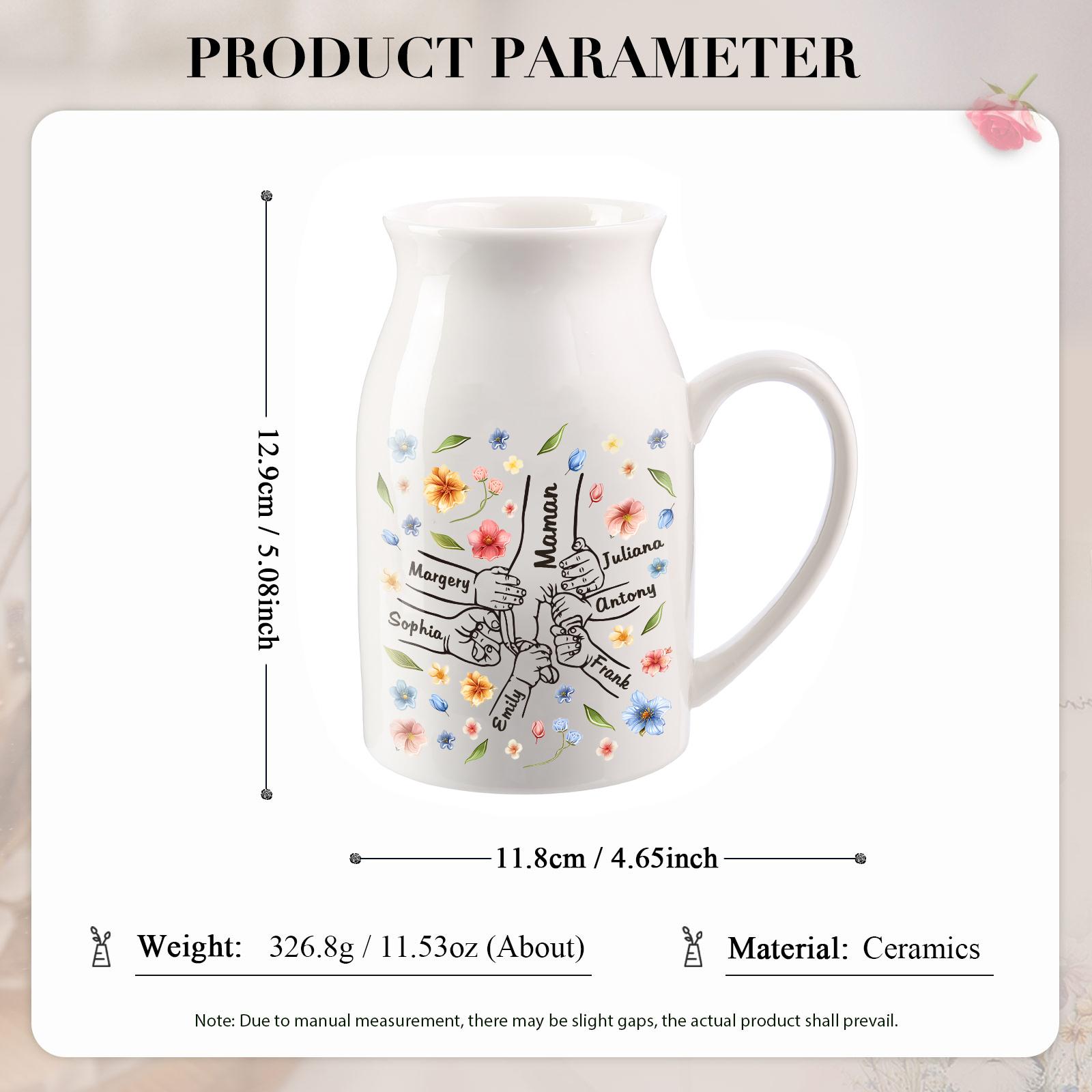 Vase à Fleurs la main dans la main 7 Prénoms Personnalisés Décoration de la Maison