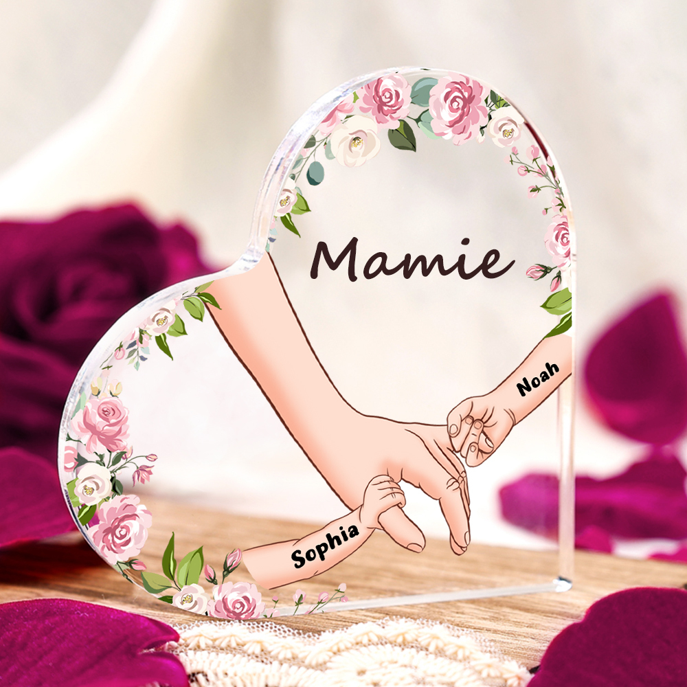 Plaque Acrylique en Forme de Cœur La Main Dans La Main 2 Prénoms Personnalisés avec Texte