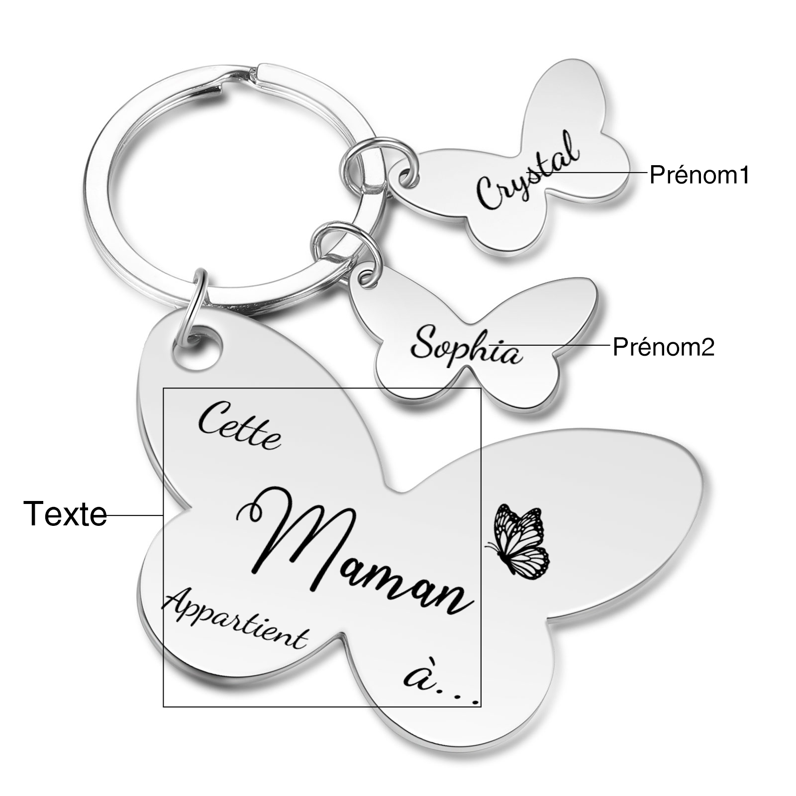 À Maman/Mamie - Porte-Clés Papillon 2 Prénoms Personnalisés avec Texte