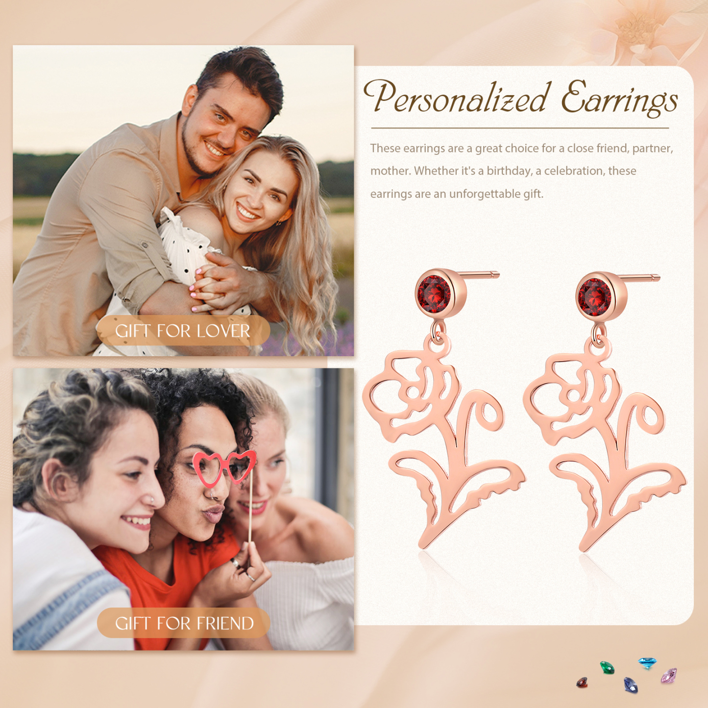 Boucle d'oreille Fleur de Naissance Personnalisé avec Pierre de Naissance