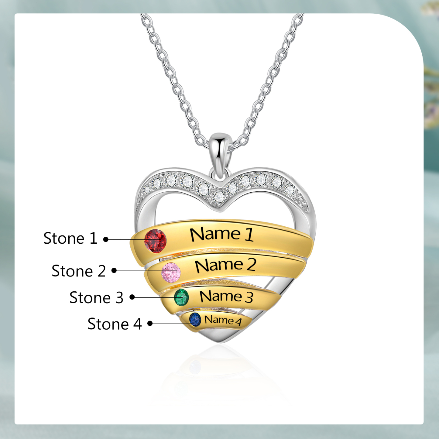 Collier Pendentif Cœur 4 Prénoms Personnalisés avec Pierre de Naissance Collier Femmes