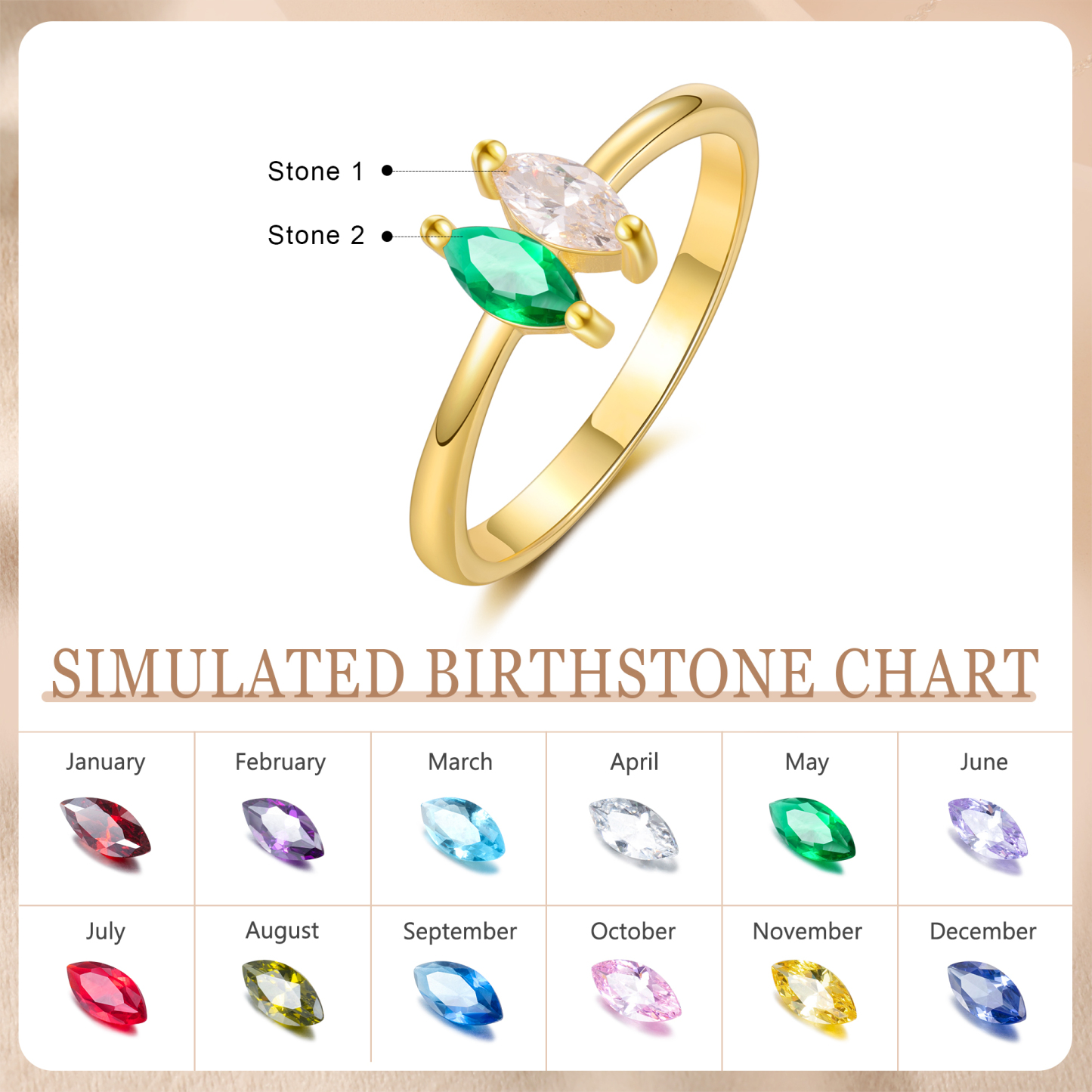 Bague Femmes 2 Pierres de Naissance Personnalisés