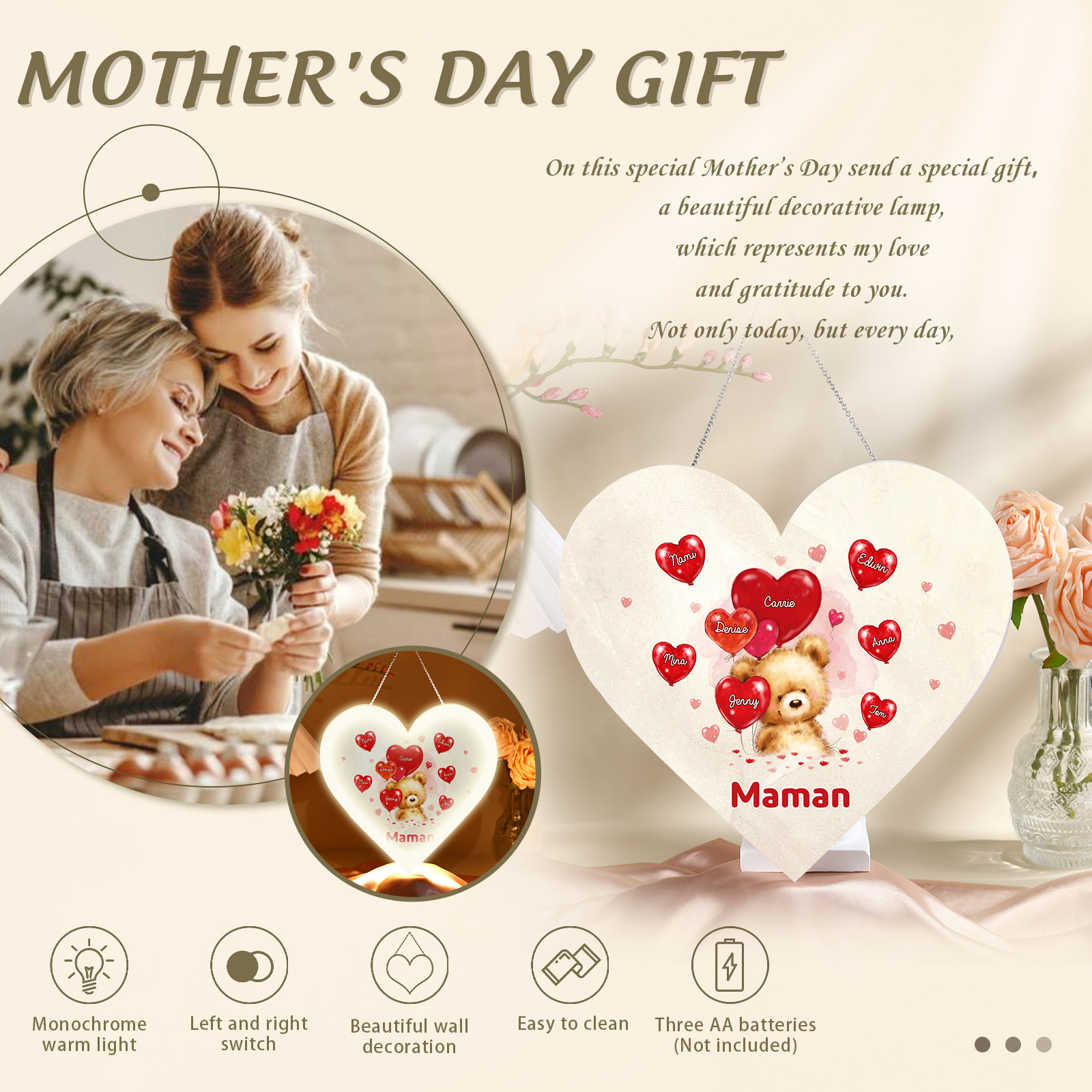 À Maman/Mamie - Veilleuse Cœur Décoration Ours 8 Prénoms Personnalisés avec 1 Texte