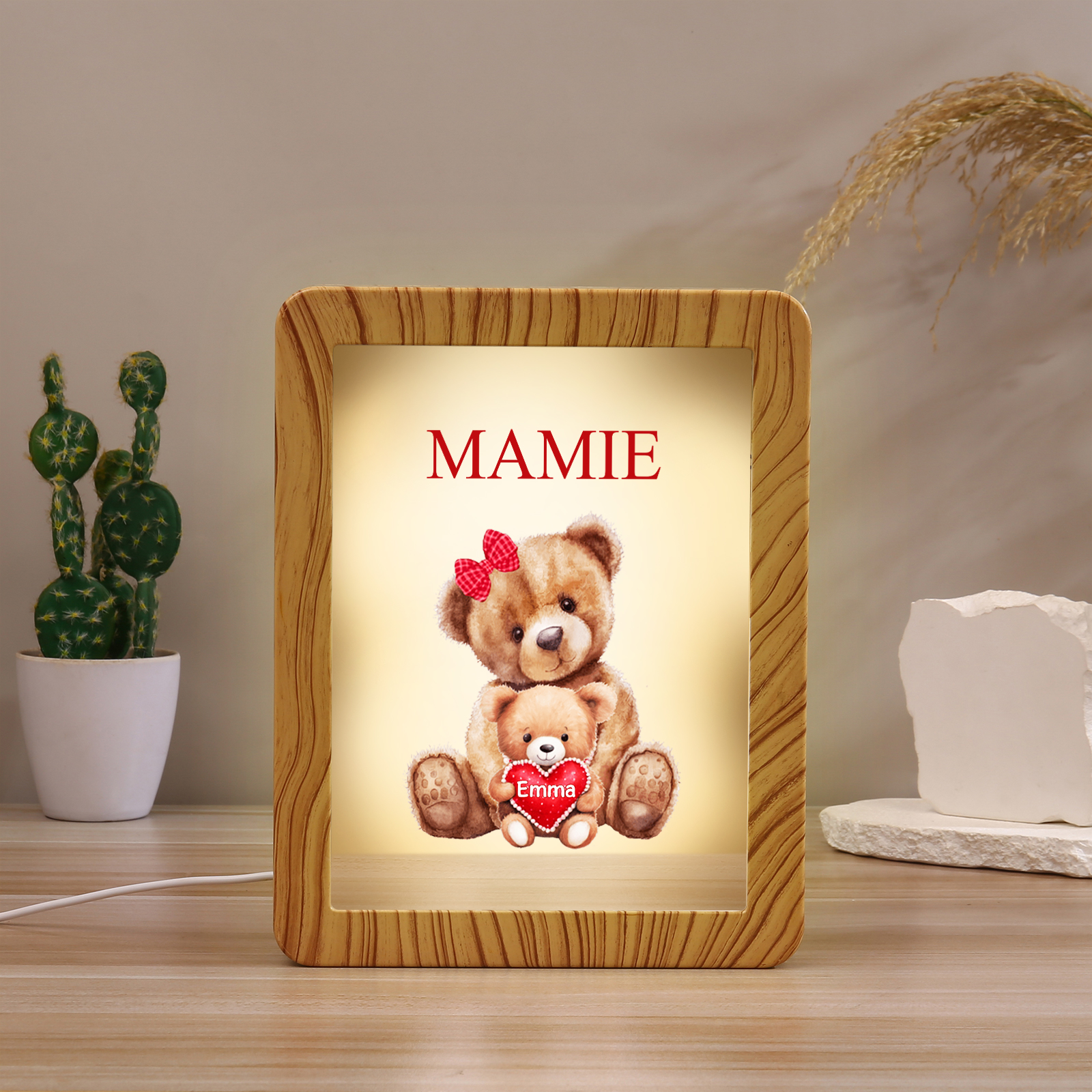 Cadre Photo/Miroir LED Multifonctionnel Ours 1 Prénom Personnalisé avec Texte pour Famille