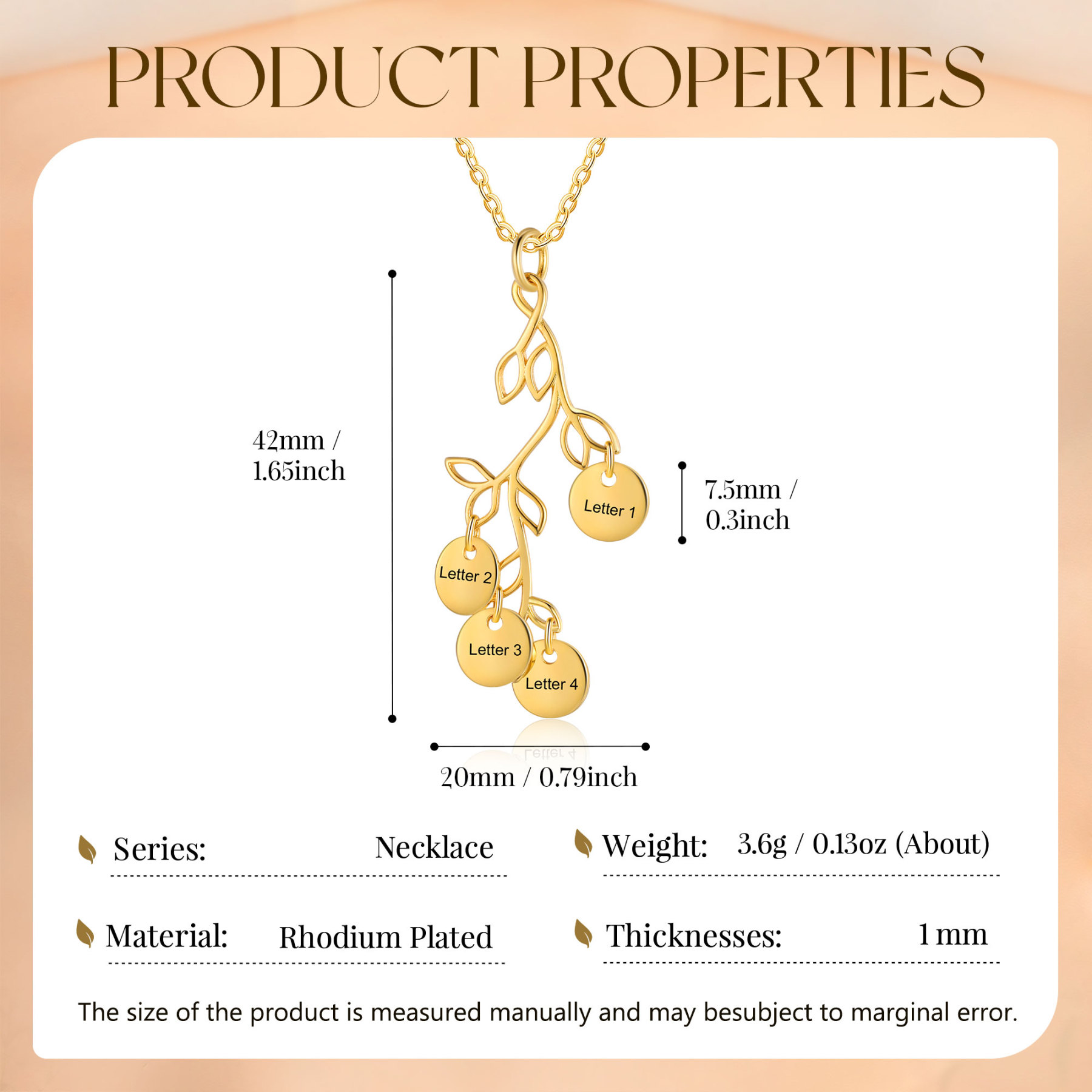 Collier Branches et Feuille 4 Letrres Personnalisés Collier Femmes